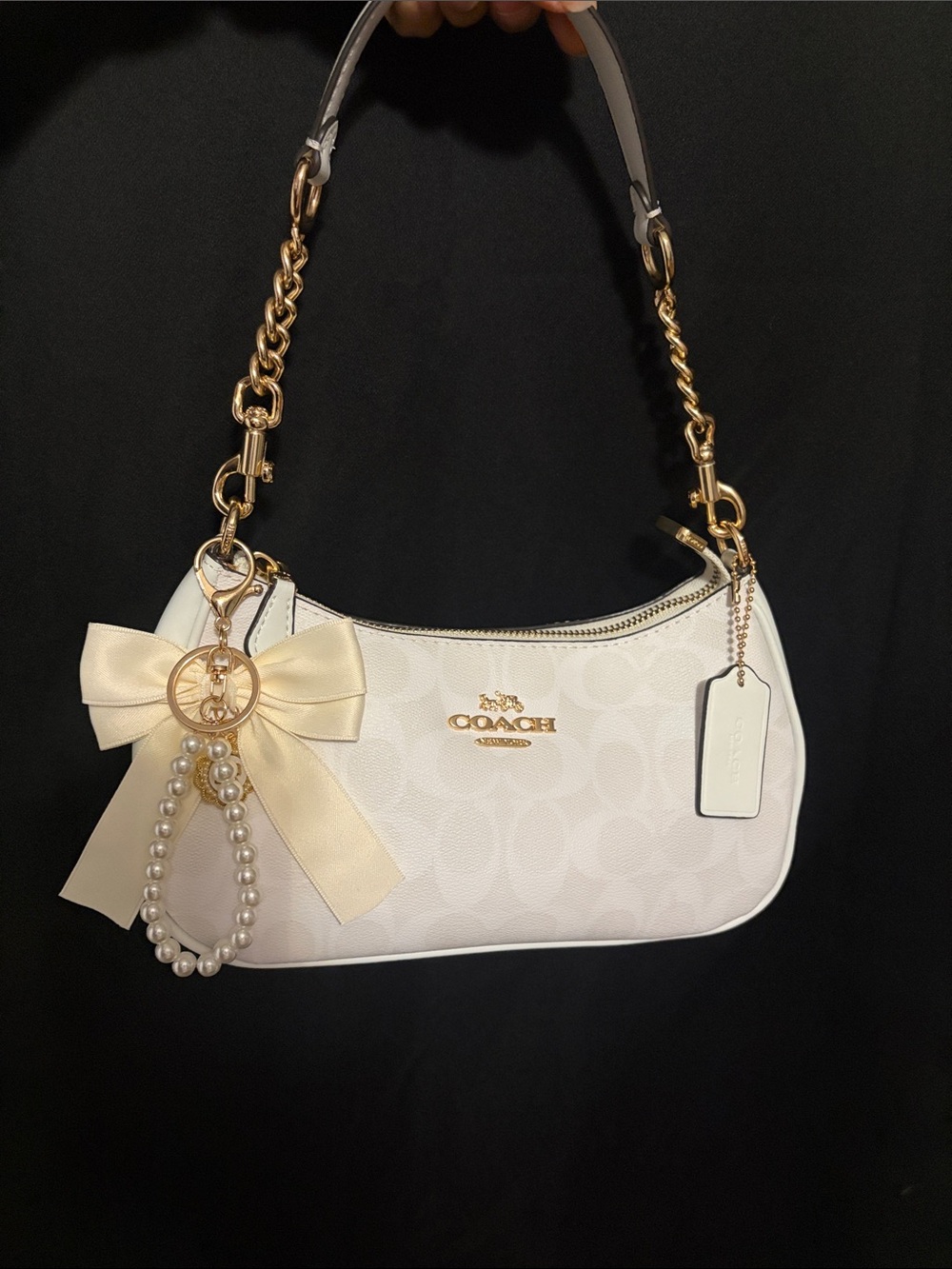 Coach Cream/White Signature Canvas Shoulder Bag with Gold Hardware and Bow Charm